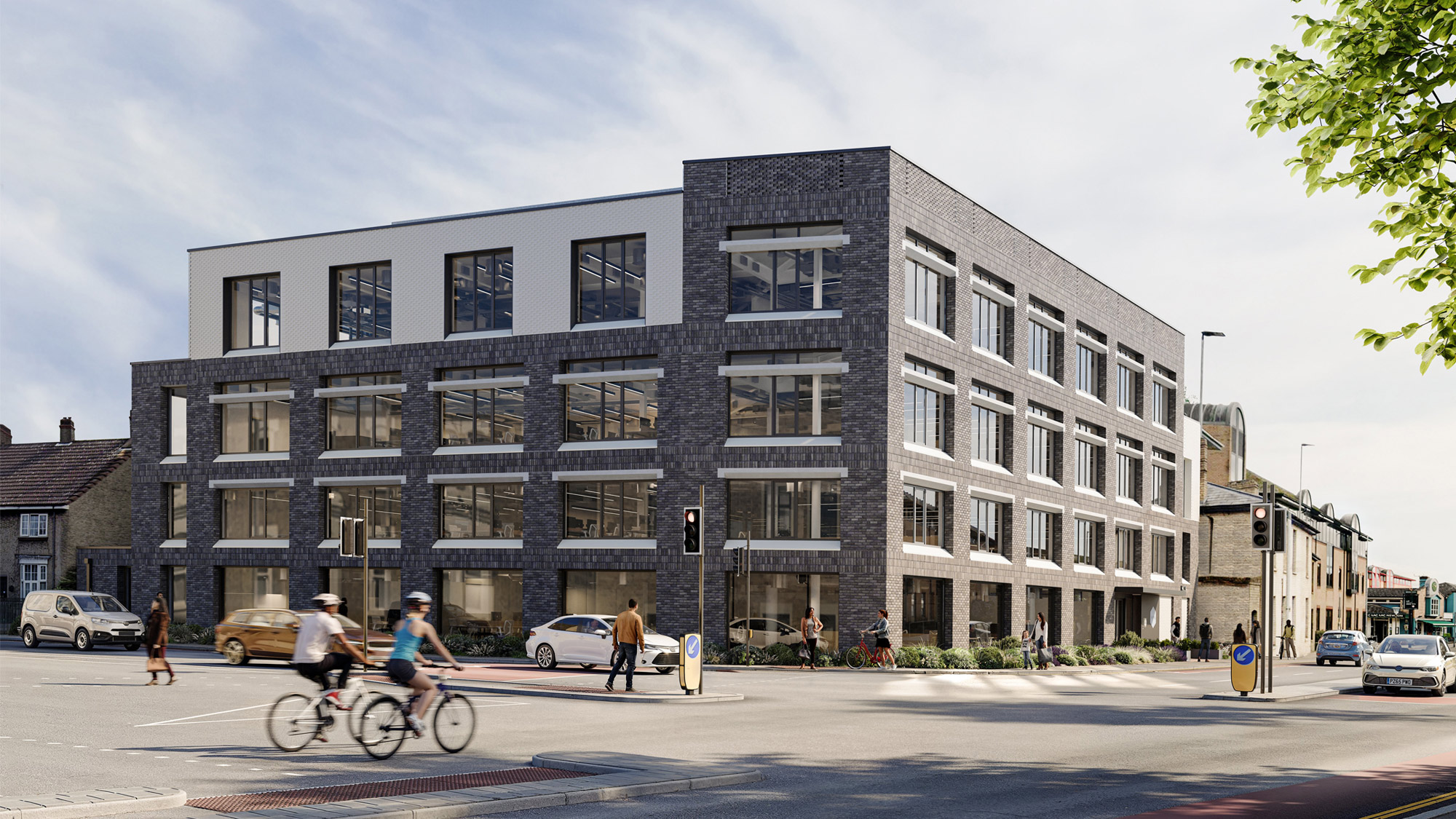 Computer generated image of the building exterior viewed from across the road, showing a brown brick building with large windows on a sunny day. Image for large banner