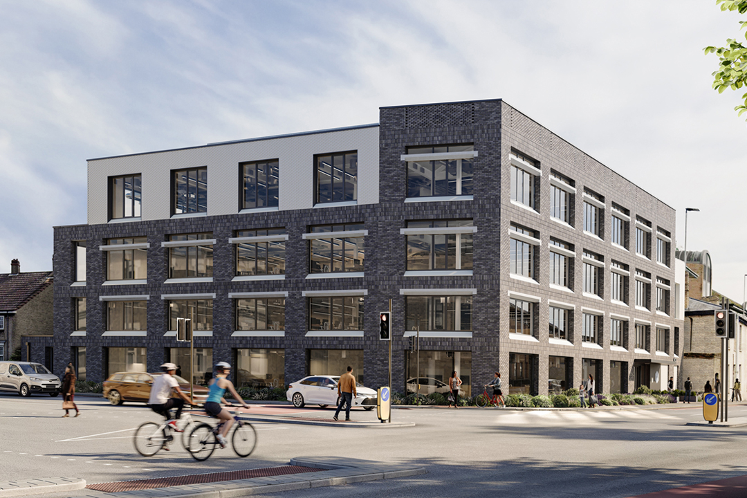 Computer generated image of the building exterior viewed from across the road, showing a brown brick building with large windows on a sunny day. Image for preview