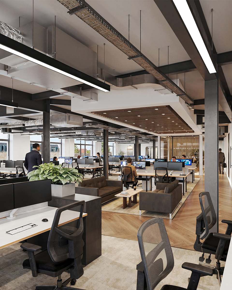 Computer generated image of a layout suited to an advisory or consultancy business, showing a bright open space with people working on white desks, a central lounge area and meeting room