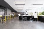 Computer generated image of lab bench space in a bright open space with people working in Northbrook House, Oxford