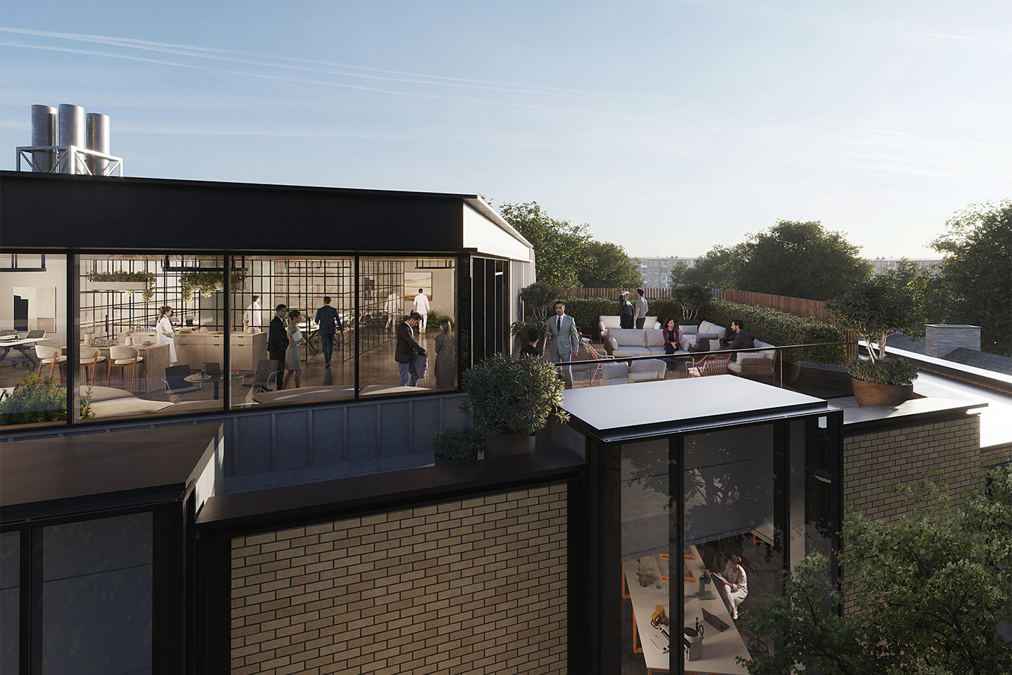 Computer generated image of The Fitzroy external view of upper terrace level, green planters and people outside socialising