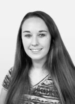 A black and white headshot of journey team member Laura Grimwood