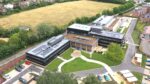 Aerial view of NIAB building, entrance and carpark in Cambridge