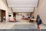 Computer Generated Image of new welcome reception at North Bailey House, including a receptionist, break out arm chairs, a new stand and coffee machine.