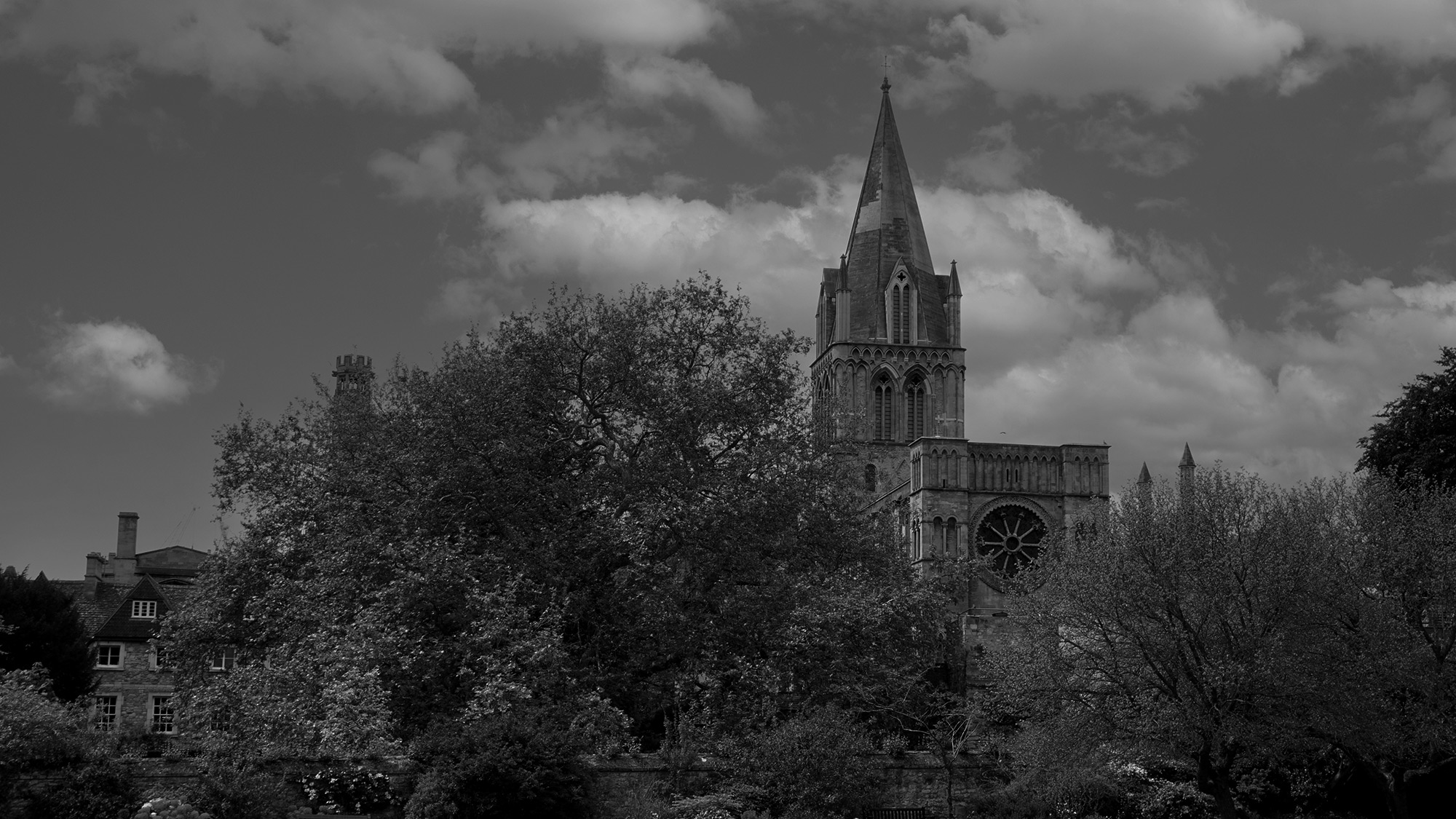 Dark black and white photograph of the historic church in Oxford partially hidden behind tall trees.