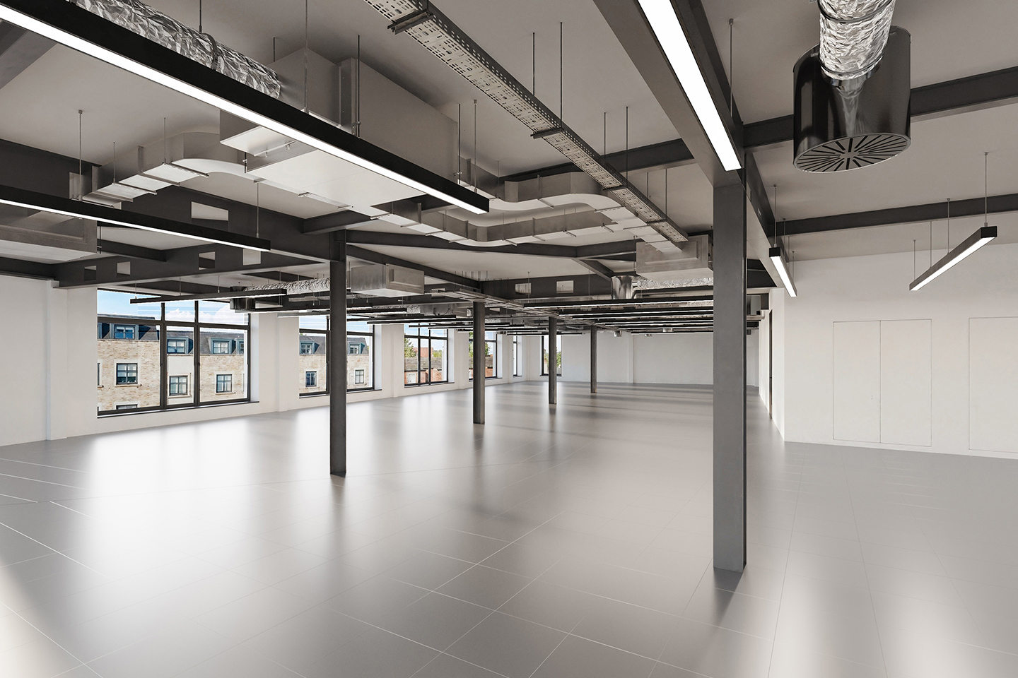 Computer generated image of a Cat A office space, with metal raised flooring and bright windows