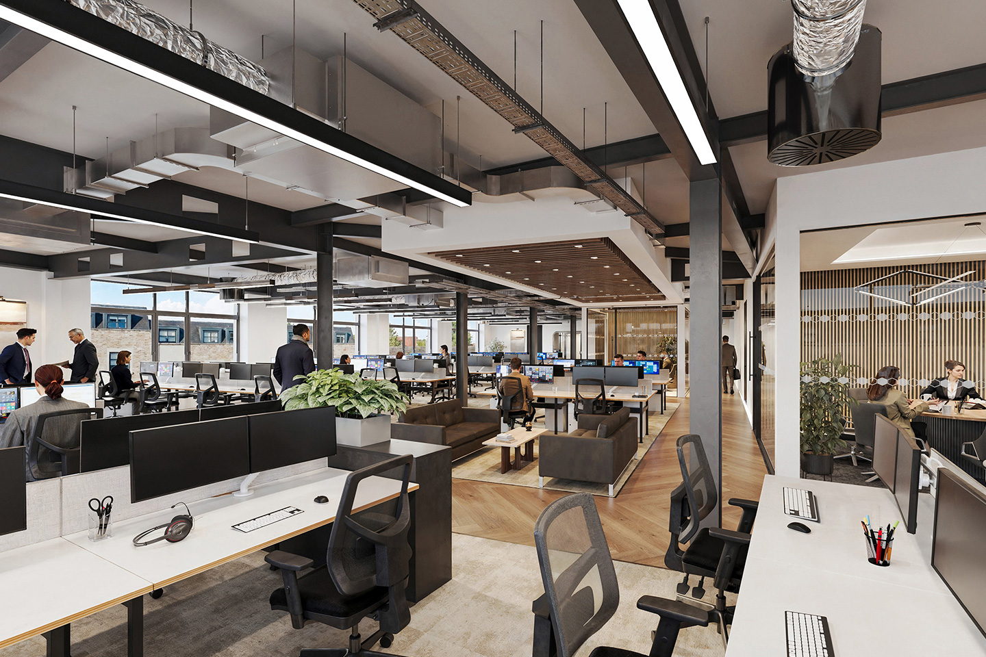 Computer generated image of a layout suited to an advisory or consultancy business, showing a bright open space with people working on white desks, a central lounge area and meeting room