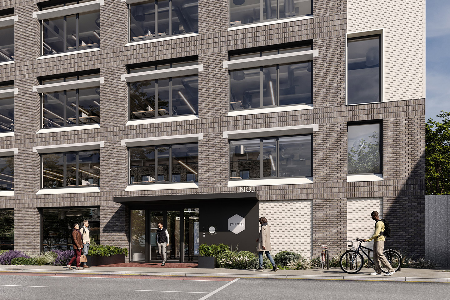 Computer generated image of No 1 Journey Campus building entrance on a sunny day with people walking on the pavement