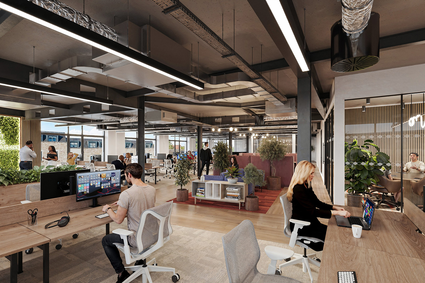 Computer generated image of a tech or creative agency office layout example, with people working in a bright and relaxed environment, with a central lounge space, meeting room and greenery in pot plants