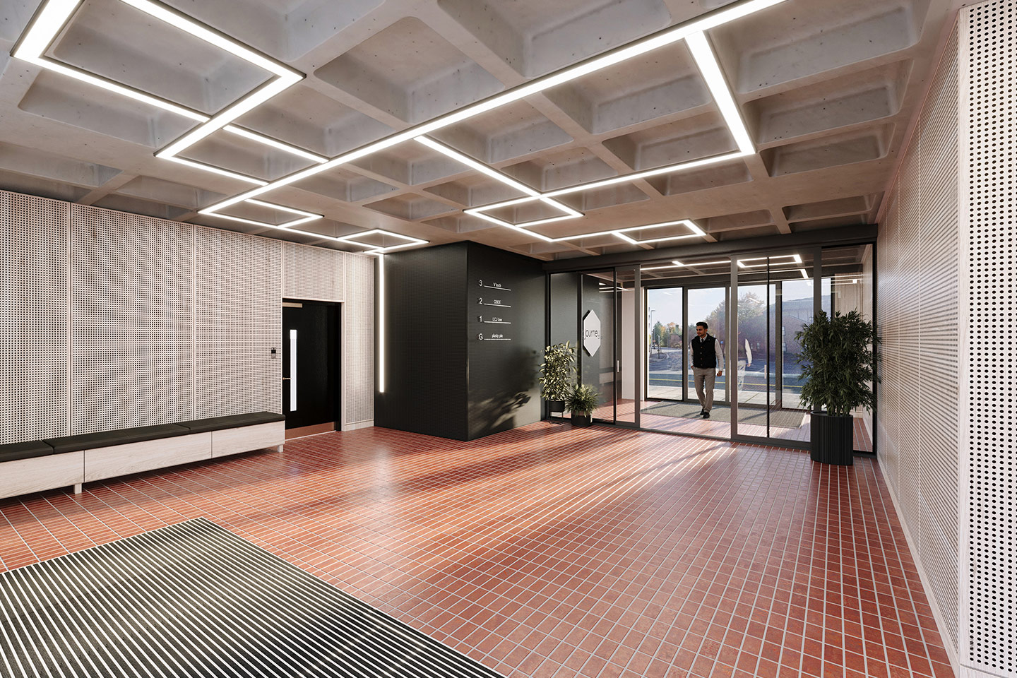 Computer generated image of a ground floor reception space, with concrete coffer ceilings and bright terracotta floor tiles